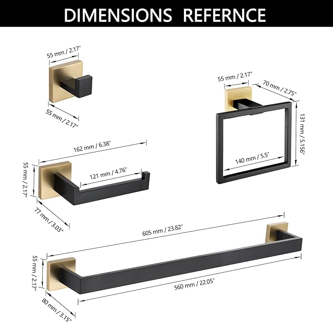 TNOMS 5 Pieces Bathroom Hardware Accessories Set Black and Gold Towel Bar Set,Wall Mounted Stainless Steel,23.6 Inch