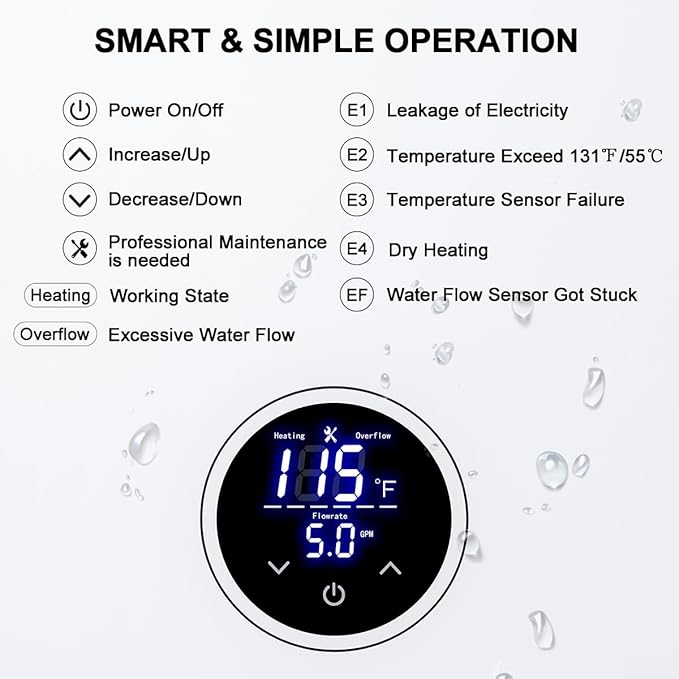 Electric Tankless Water Heater, ECOTOUCH 27kW on Demand Hot Water Heater Electric 240V Instant Tankless Hot Water Heaters Point of Use with ETL Certificated Self-Modulating ECO270S