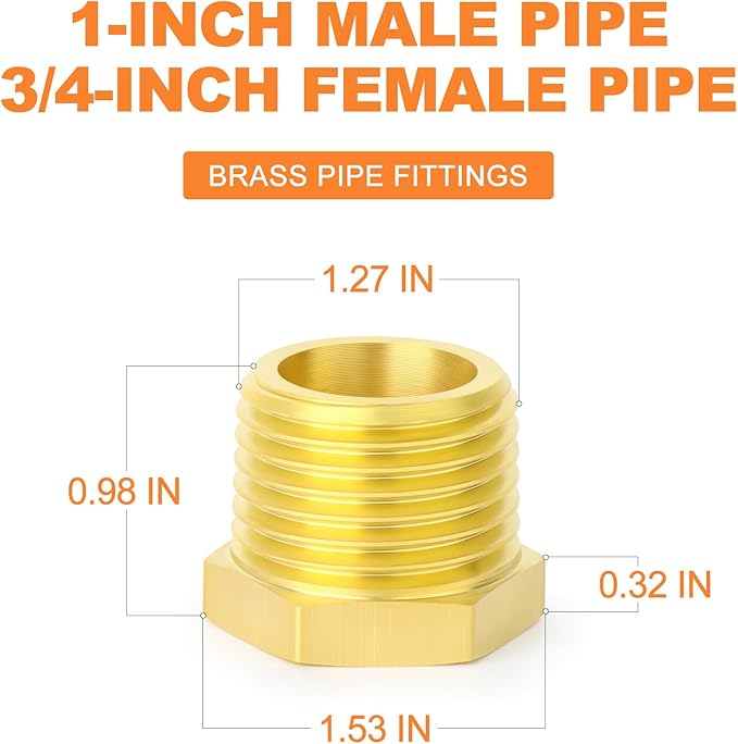 GASHER 10Pcs Brass Reducer Hex Bushing 1" NPT Male x 3/4" NPT Female, Brass Threaded Pipe Fitting
