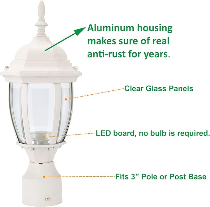 LIT-PaTH LED Outdoor Post Lighting Fixture, Pole Lantern, 9.5W 800 Lumens, 5000K Daylight White, Aluminum Housing Plus Glass, Matte White Finish, 1-Pack