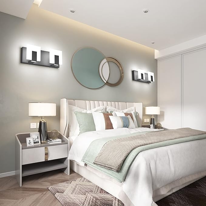 Aipsun 2 Lights Modern Black Vanity Light Up and Down Black Bathroom Lighting Fixtures LED Bathroom Wall Light Over Mirror 6000K