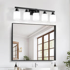 5-Light Bathroom Vanity Light, Modern Matte Black Bathroom Light Fixtures with Square Frosted Glass, Wall Sconces fixtures Over Mirror Restroom,Living Room Hallway E26