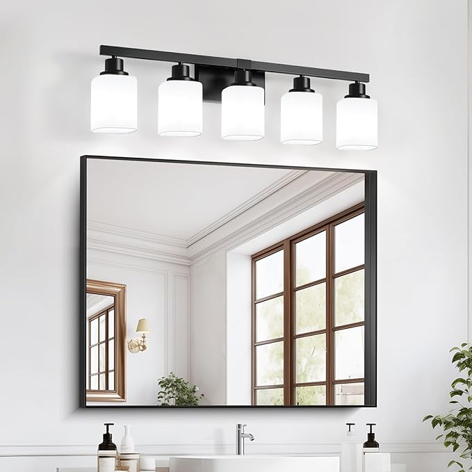 5-Light Bathroom Vanity Light, Modern Matte Black Bathroom Light Fixtures with Square Frosted Glass, Wall Sconces fixtures Over Mirror Restroom,Living Room Hallway E26