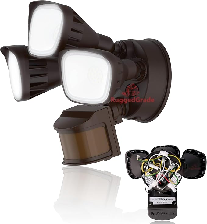 RuggedGrade 30W Turin II Series LED Security Wall Light - Motion Wall Light - 2,600 Lumens - 3000K Warm White - 240° Sensor - Square Heads - Bronze Housing - Outdoor LED Light - DLC 5.1 Premium