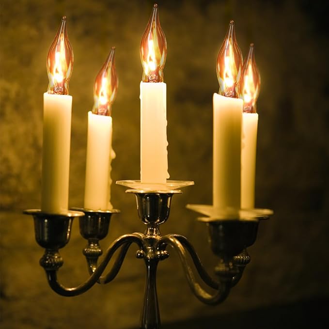 12 Count Halloween Flickering Flame Lights Bulbs, C7 Fake Fire Bulbs / E12 Flickering Flame Bulb, Fall Halloween Window Candle Light Bulbs, Christmas Halloween String Light Bulbs Replacement