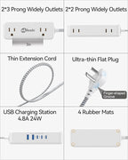 Power Strip with USB C, Flat Plug Extension Cord 3ft, 4 Outlets & 2 USB-A and 3 USB-C Ports 4.8A/24W Charging Station, 2 Sides Outlet Extender Compact for Tablet Laptop Computer Multiple Device