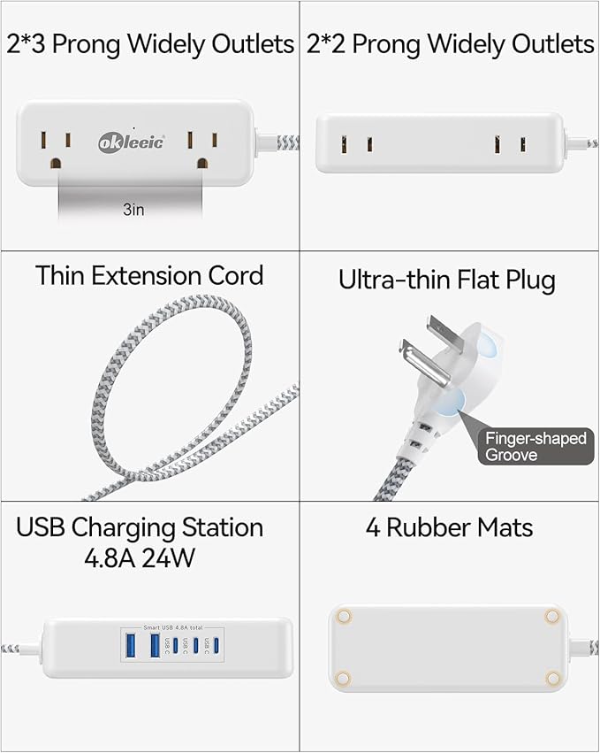 Power Strip with USB C, Flat Plug Extension Cord 3ft, 4 Outlets & 2 USB-A and 3 USB-C Ports 4.8A/24W Charging Station, 2 Sides Outlet Extender Compact for Tablet Laptop Computer Multiple Device