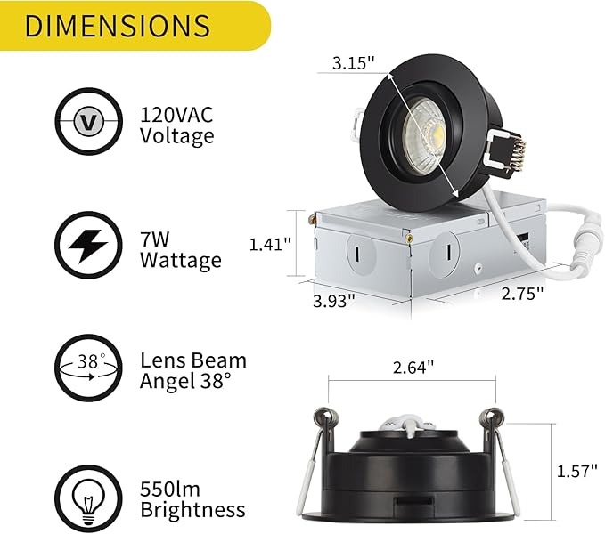 Black 3 Inch Recessed Lighting 6 Pack, Ajustable Eyeball recessed Light with Junction Box,5 Color Selectable,Airtight,7W 550LM,Dimmable,Black