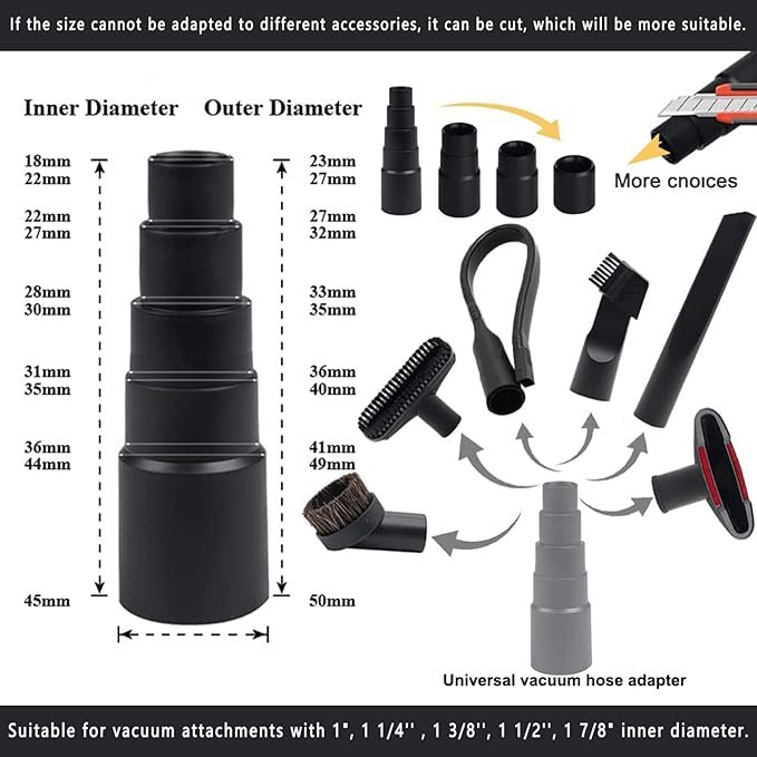 14Pcs Universal Vacuum Attachment Professional Shop Vac Accessories Wet Dry Vacuum Hose Adapter with Hair Brush Extension Wand Flexible Crevice Tool fit 2 1/2" to 1 1/4" and 1 7/8" to 1" Vacuum Hose