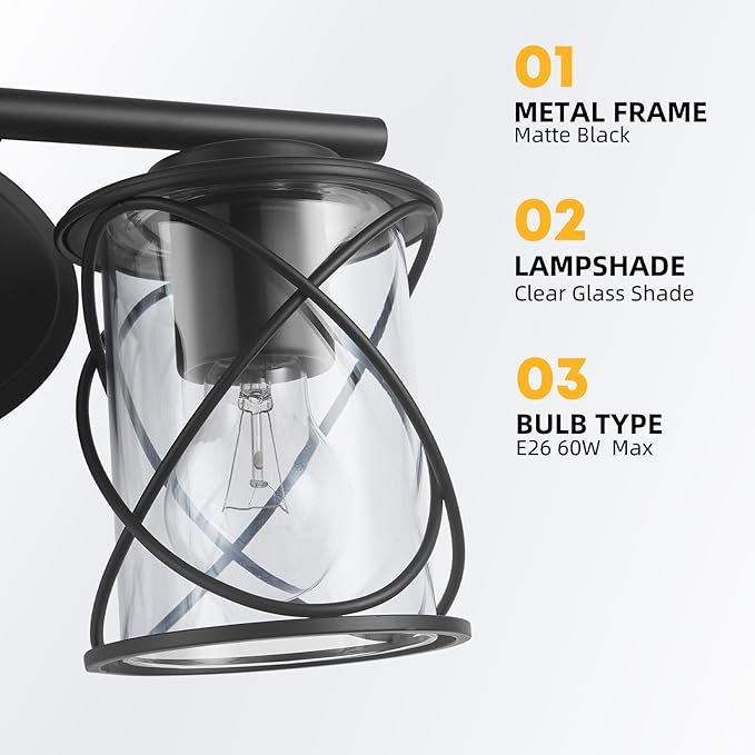 MAVCADONF 3-Lights Matte Black Cage Shade Modern Bathroom Vanity Light Fixtures Over Mirror, Bathroom Wall Lamp for Mirror, Kitchen, Bedroom