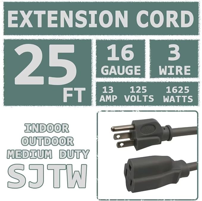 Indoor Outdoor Extension Cord 25 FT Waterproof, 16/3 Gauge Heavy Duty Gray Extension Cords, 13A 1625W SJTW Extension Cord with 3 Prong Grounded Plug, Great for Tools, Lights, UL Listed.