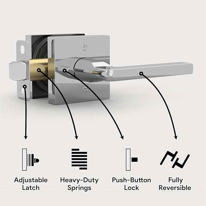 Mega Handles Prime Privacy Door Handle - 3 Pack Reversible Chrome Door Handles, Heavy Duty Bed & Bath Door Handles with Privacy Door Lock, Fits All Standard Doors - Polished Chrome