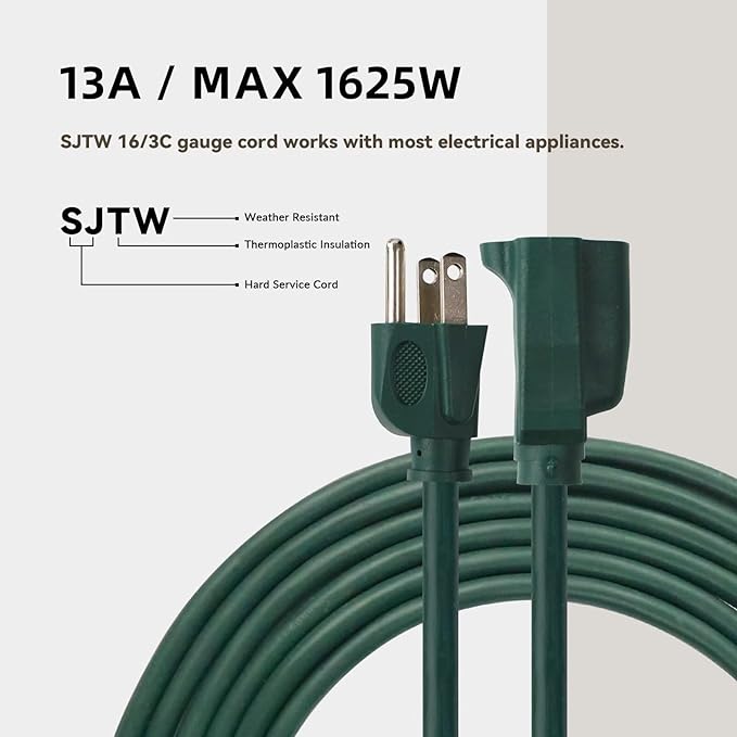 25ft Outdoor Extension Cord - 16/3 Heavy Duty SJTW Waterproof Green Electrical Cable with 3 Prong Grounded Plug for Safety, Great for Lawn and Major Appliances