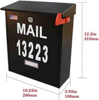 Wall Mount Locking Mailbox - Black Large Capacity Security House Numbers Mailbox - Waterproof Stainless Steel Vertical Drop Mail Box Outdoor with Keys