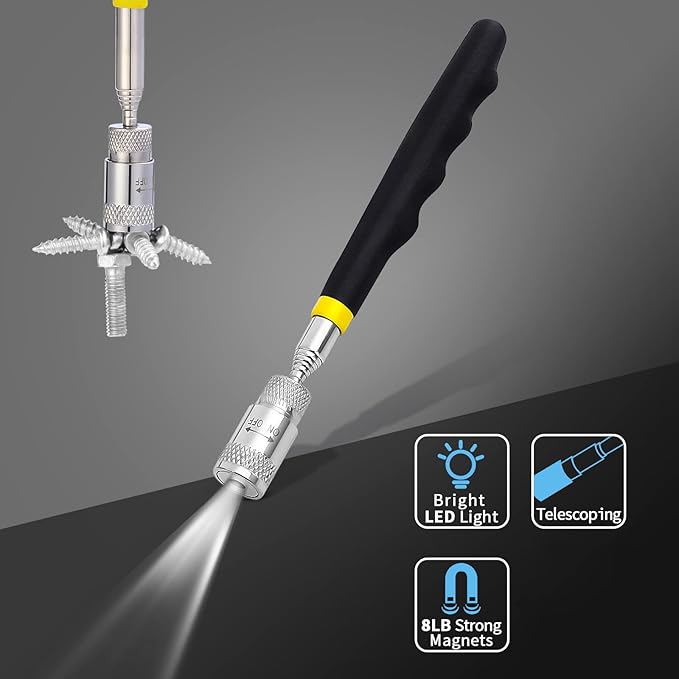 1 Piece 8LBs Telescoping Magnetic Flashlight Pickup Tool with 3 LED Lights, Magnet Stick Rod Extendable 7.5" to 31" for Men, Birthday, Father's Day, Christmas Gift