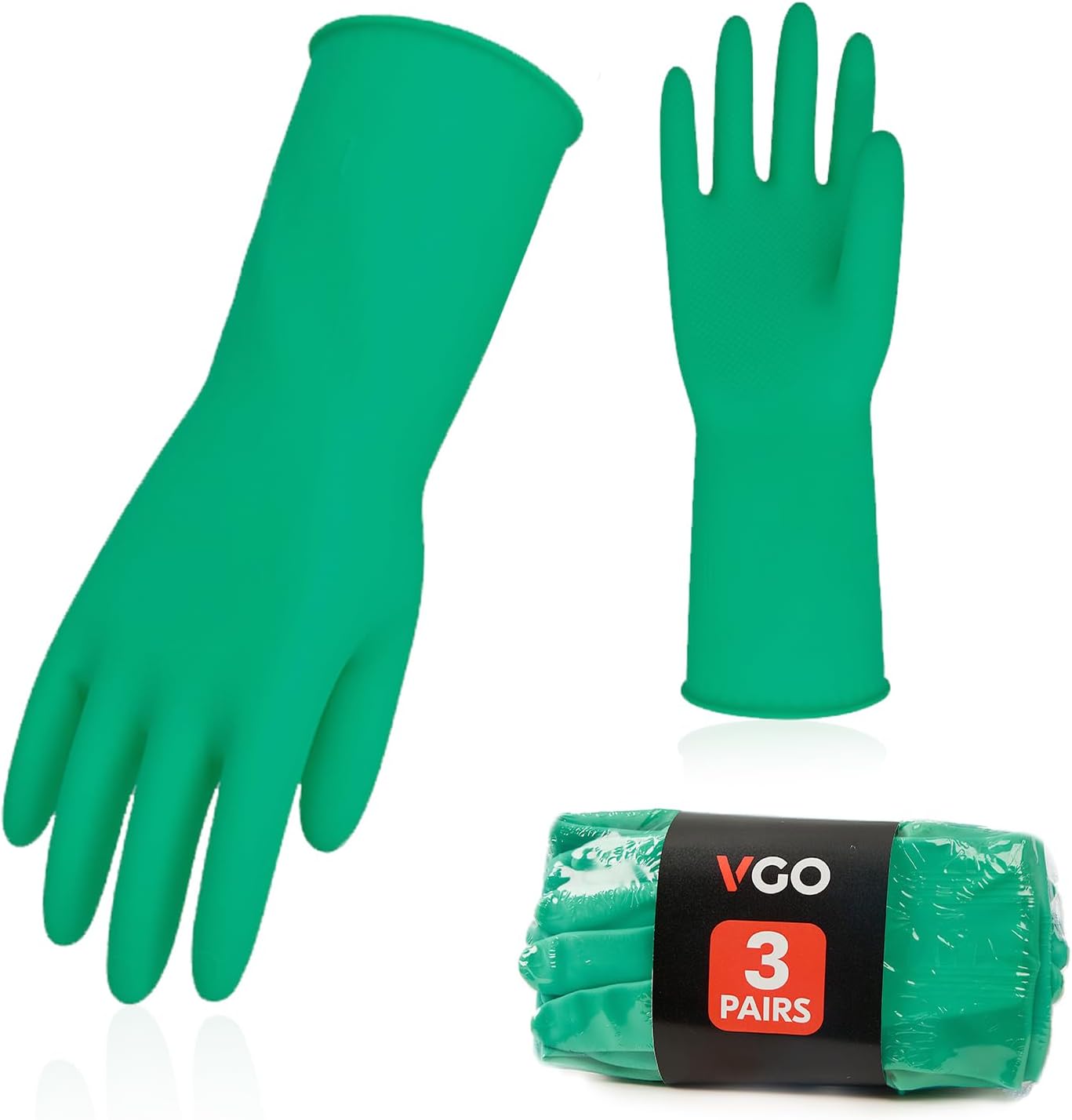 Vgo... 3-Pairs Reusable Household Gloves, Rubber Dishwashing gloves, Extra Thickness, Long Sleeves, Kitchen Cleaning, Working, Painting, Gardening, Pet Care (Size M, Green, HH4601)
