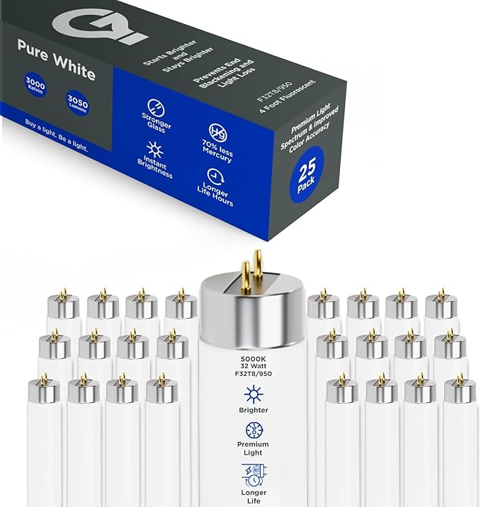 GoodBulb 32-Watt 48 Inch T8 Fluorescent Light Bulb 5000K Daylight White Light Color Medium Bi-Pin Base 3050 Lumens 86 CRI 24000 Life Hours Instant/Programmed Start (Pack of 25 Bulbs)