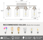 4 Light Bathroom Light Fixtures Brushed Nickel Vanity Light Over Mirror Modern Farmhouse Wall Lighting Sconces Wall Lamp for Bathroom, Bedroom, Living Room E26 Socket with Glass Shade