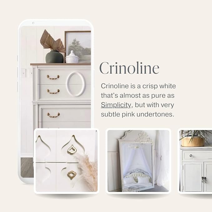 Country Chic All-in-One Chalk Paint for Furniture, Cabinets, Home Decor, Eco-Friendly, Matte Finish, Built-In Primer & Top Coat for Wood, Metal - Crinoline (Off White) - Pint 16 oz (475 ml)