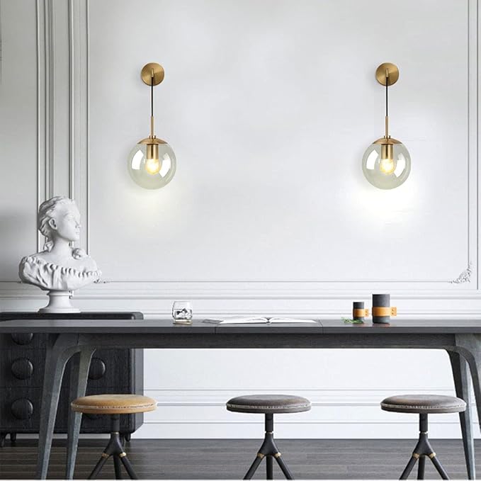 KCO Modern Glass Globe Wall Sconce Set of Two Minimalist Gold Wall Light Fixture with Adjustable Cord Brass Round Glass Wall Mounted Reading Lamp (Clear-2PC)