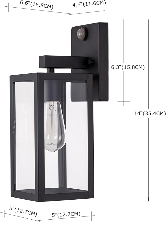 GRUENLICH Dusk to Dawn Large Outdoor Wall Lantern, PIR Motion Sensor Wall Sconce, E26 Base Max 60W, Metal Housing Plus Glass, Matte Black Finish, Bulb Not Included, 2-Pack