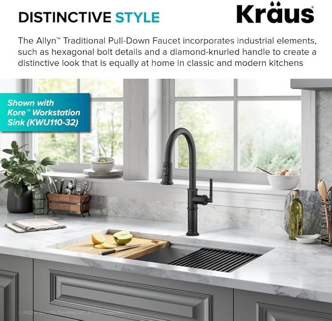 KRAUS Allyn Traditional Industrial Pull-Down Single Handle Kitchen Faucet in Matte Black, KPF-4100MB
