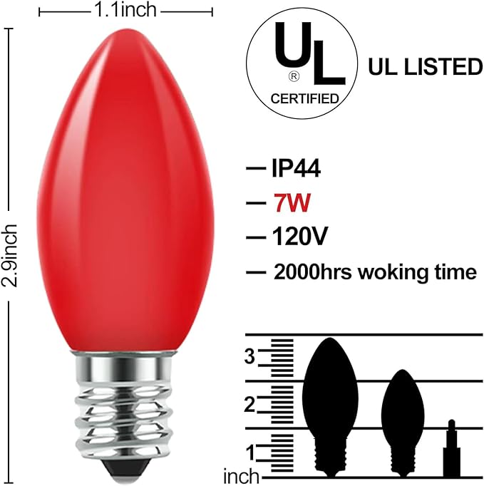 C9 Christmas Replacement Lights Bulbs, 25 Pack Multicolor Ceramic Light Bulbs for Christmas Outdoor Indoor String Light, Xmas Holiday Patio Party Decorations(E17 Socket Base 7w)