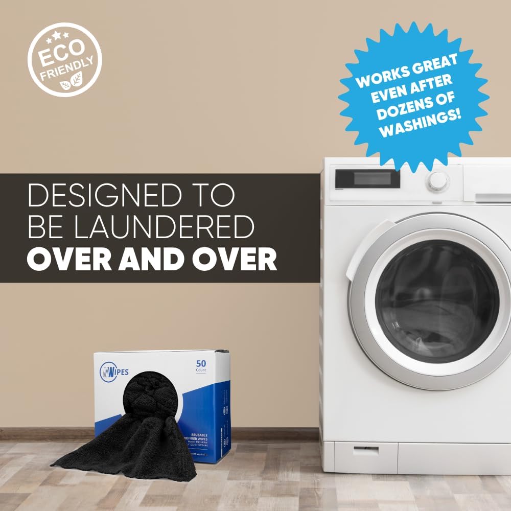 Black Microfiber Shop Towels | MWipes Reusable Shop Rags | 50 Rags in a Box (400 Count) | Super Absorbent, Machine Washable Hundreds of Times | Automotive, Paint, Industrial (8, Black)