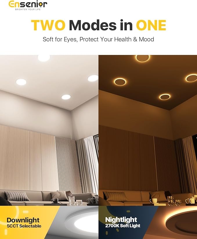 Ensenior 24 Pack 4 Inch LED Recessed Ceiling Light with Night Light, Dimmable, 2700K-5000K 5CCT, 1050LM 12W 120V, High Brightness Canless Wafer Downlight - FCC