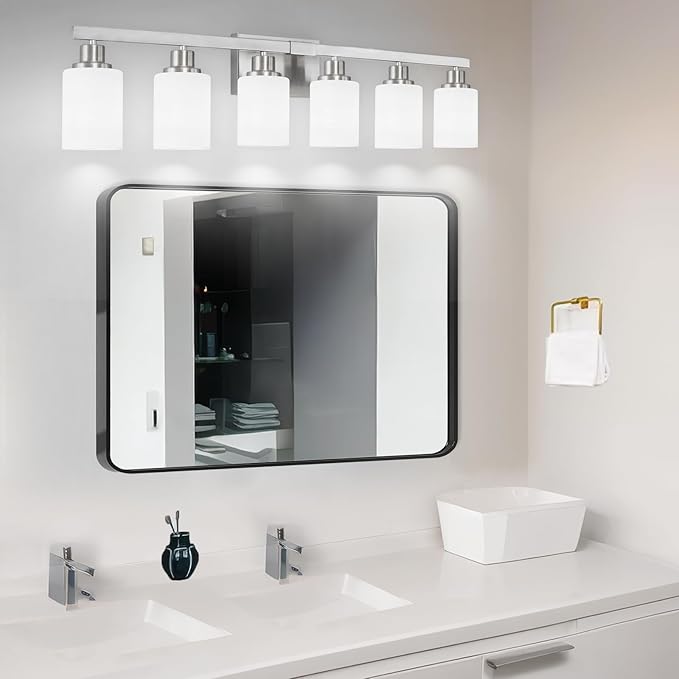 38" Bathroom Vanity Light, 6-Light Nickel Vanity Lights for Bathroom, Wall Sconce Lighting with Milky White Glass Shade, Wall Lights,Bath Vintage Wall Mounted Lamps for Mirror Bedroom