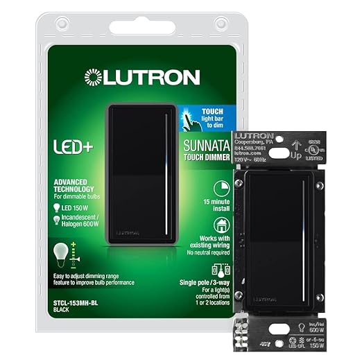 Lutron Sunnata Touch Dimmer Light Switch, LED+ Advanced Technology for LED and Incandescent, 3 Way/Multi Location, STCL-153M-BL, Black