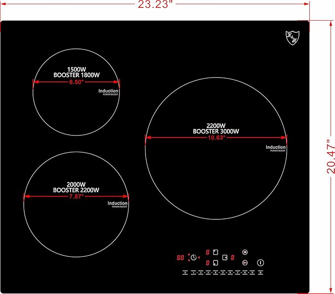 K&H 3 Burner 24 Inch Built-in Induction Electric Stove Top Ceramic Cooktop Touch Control 240V 6000W IN24-6803TB