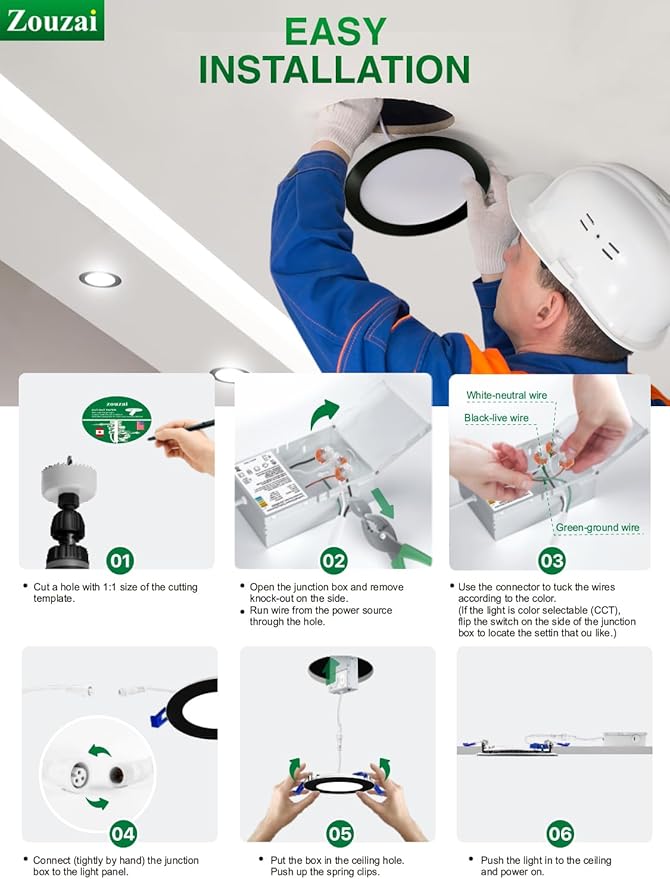 zouzai 24 Pack Black 8 inch 18W Eqv 150W 1685LM 5CCT Reset LED Recessed Ceiling Light with Junction Box, 2700K-5000K Selectable,Dimmable, led Ceiling Lights - ETL and Energy Star Certified