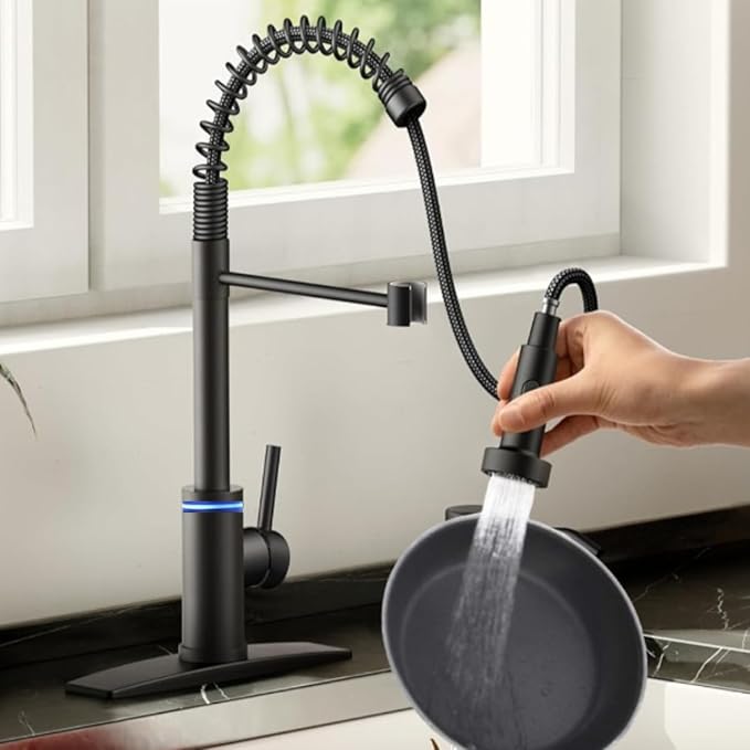 Smart Kitchen Faucet, 3 Modes Pull Down Sprayer, LED Temperature Control, Ceramic Valve, 360-Degree Rotation, 1 or 3 Hole Deck Plate. 10-Year Warranty. (KW-56R, Matt Black)