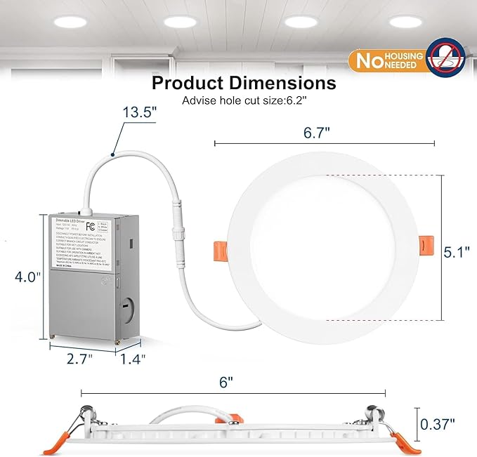 24 Pack 6 Inch Canless Recessed LED Ceiling Lights - 6000K Daylight Can Light, 1050LM High Brightness, 12W 110W Eqv, Ultra-Thin LED Recessed Lighting for Bedroom Kitchen Living Room Hallway