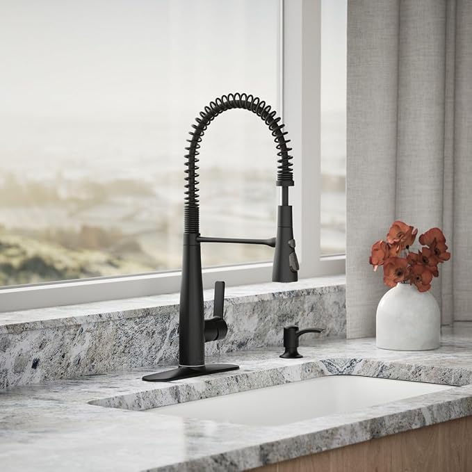 KOHLER K-REC22745-SD-BL Semi-Professional Kitchen Faucet with Soap Dispenser/Lotion Dispenser, Commercial Kitchen Sink Faucet with Pull-Down Sprayhead, Matte Black