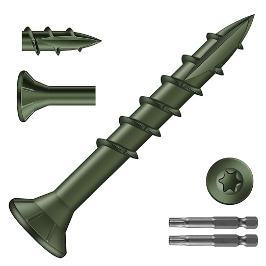 #8 x 1-1/4" Deck Screws (798Pcs) 4lb. Exterior Wood Screws. Carbon Steel, Green, Flat Head, Rust Resistant epoxy Coated, with T25 Star Bit