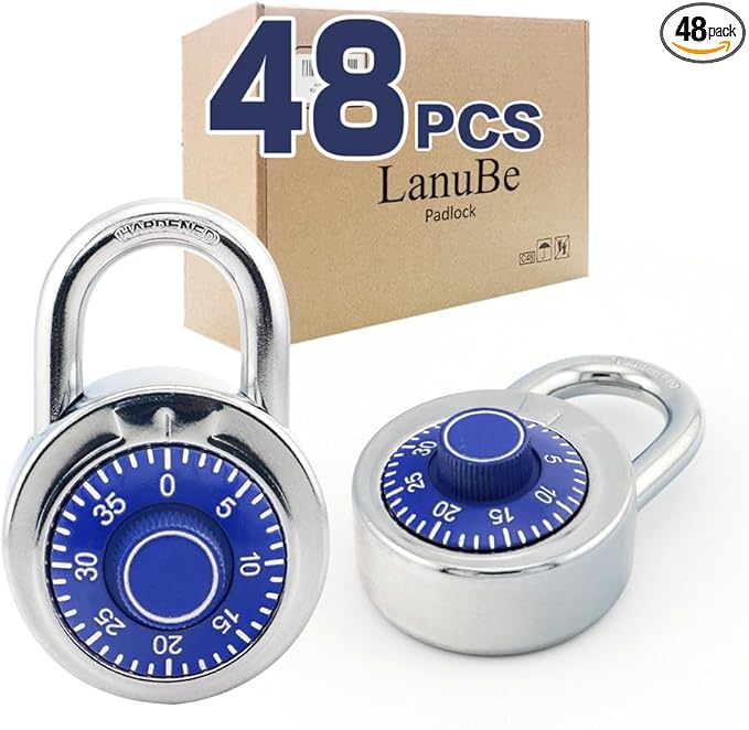 LanuBe Standard Dial Combination Lock, 2 in. Wide, with Different Combinations, Blue Turnplate, Pack of 48; Lock for School, Employee, Gym Sports Locker, Case, Toolbox, and so on