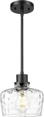 Emak 8 Inch Pendant Lights Kitchen Island, Black Pendant Light Fixtures with Hammered Glass Shade, Modern Farmhouse Island Lights for Kitchen, PL122-BK-HG