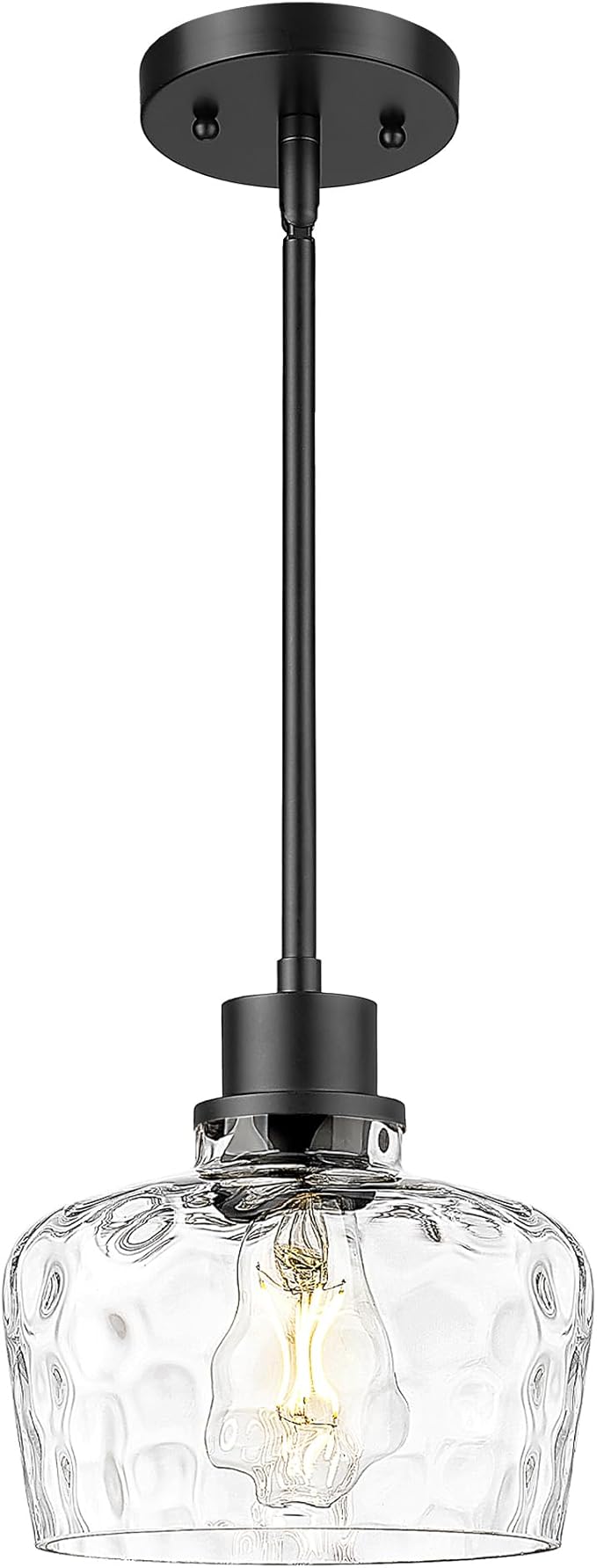 Emak 8 Inch Pendant Lights Kitchen Island, Black Pendant Light Fixtures with Hammered Glass Shade, Modern Farmhouse Island Lights for Kitchen, PL122-BK-HG