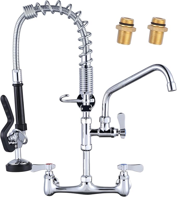 Commercial Kitchen Faucet Wall Mount with Pre-Rinse Sprayer 21" Height Wall Mount Kitchen Sink Faucet 8 Inch Center with 10" Add-on Swing Spout Faucet & Coiled Spring Pull Down Spray