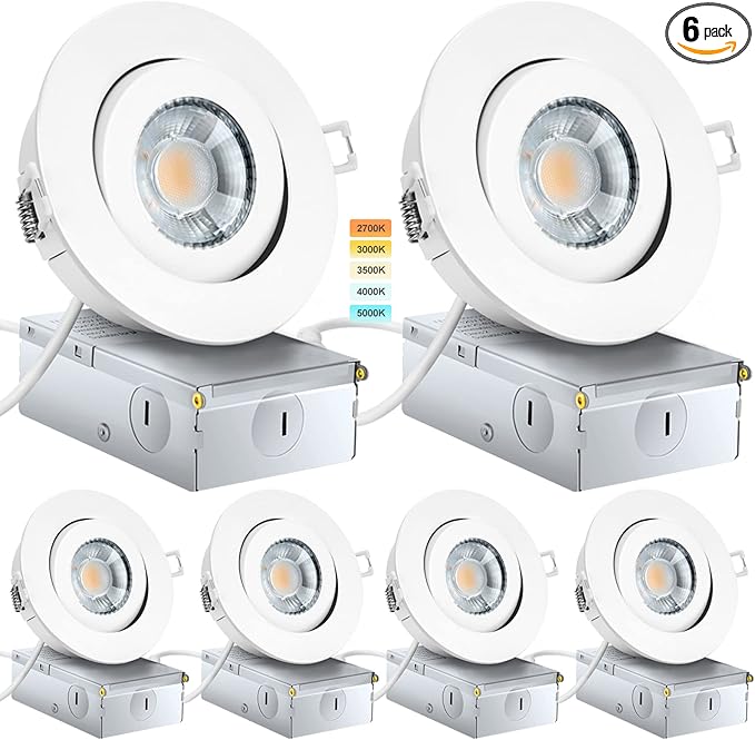 Recessed Lighting 4 Inch, LED Recessed Light Dimmable with Junction Box,Adjustable Recessed Lighting, Air Tight,ETL Listed,9W 750LM,5 CCT Selectable, 6Pack