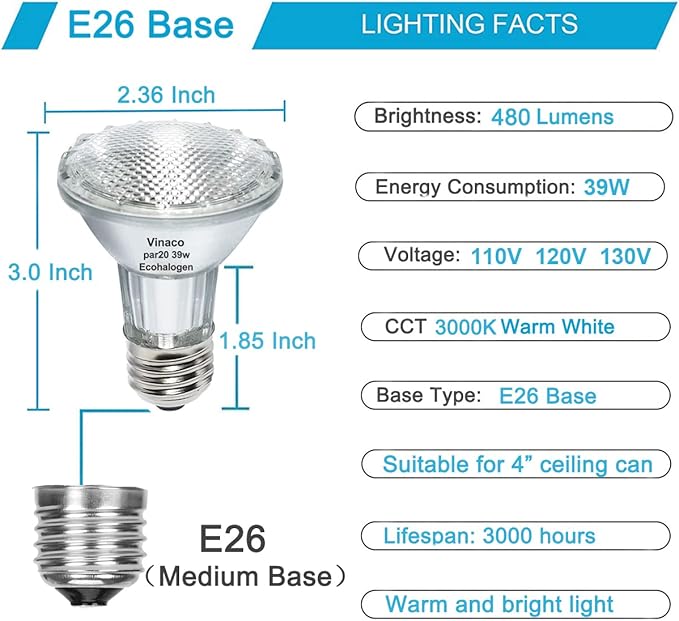 Vinaco PAR20 Halogen Light Bulbs, 6PCS 39W PAR20 Halogen Dimmable, 3000k Warm White, High Brightness PAR 20 Flood 39W 120V 480 Lumens Equivalent PAR 20 50W 120V, E26 Medium Base for Track Lights