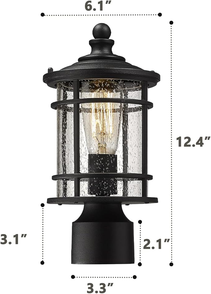 Emliviar Outdoor Post Lights 2 Pack - 12.5 Inch Modern Farmhouse Post Lamps with Seeded Glass in Black Finish, XE229P-S-2PK BK