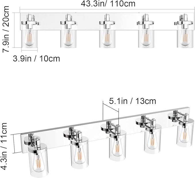 Aipsun Chrome Bathroom Light Fixtures 5 Light Vanity Wall Light with Clear Glass Shade