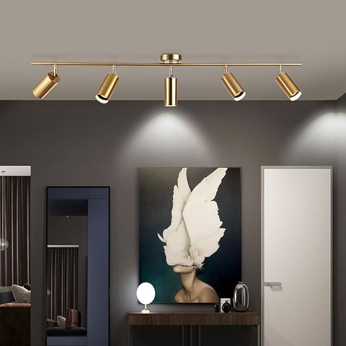 KCO Lighting Modern 5-Lights LED Track Lighting Kit Brushed Brass Kitchen Ceiling Spotlights Light Fixture Mid Century Gold Adjustable Flush Mount Ceiling Spot Light (5 Lights)
