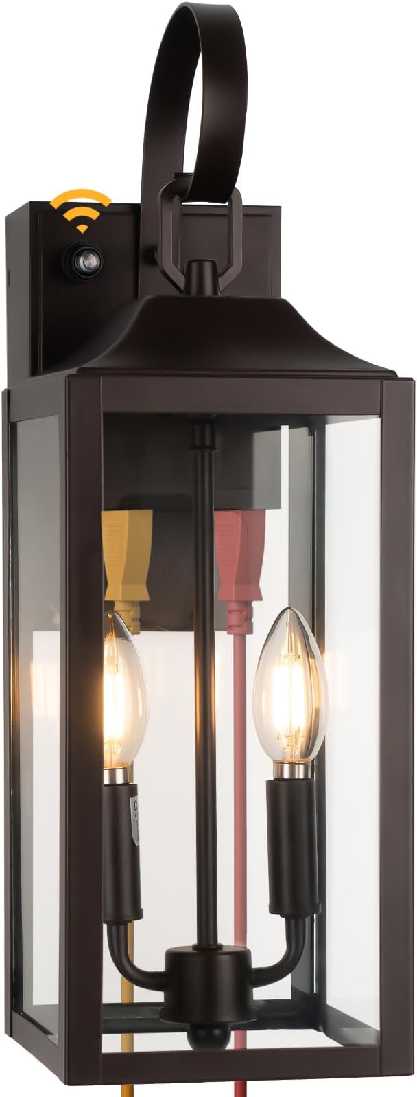 Porch Lights with GFCI Outlet, 19" Brown Dusk to Dawn Outdoor Wall Lantern 2-Light, Exterior Lighting Fixtures with GFCI Outlet Built-in, Waterproof Bronze Outdoor Wall Sconce for House, 1 Pack