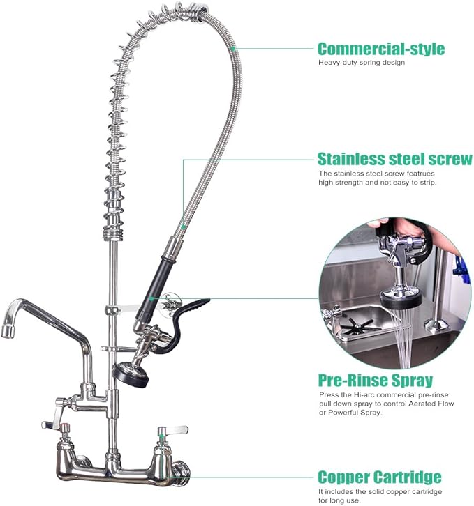 Commercial Sink Faucet with Sprayer 36 inch Commercial Faucet Pre Rinse Sprayer 8 inch Wall Mount Center with 12 inch Add on Spout