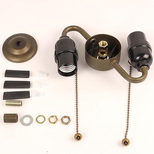 Bieye SC07 E26 Light Socket Cluster with Pull Chain Switch and Electrical Wiring Accessories (2-Light, Antique Brass)