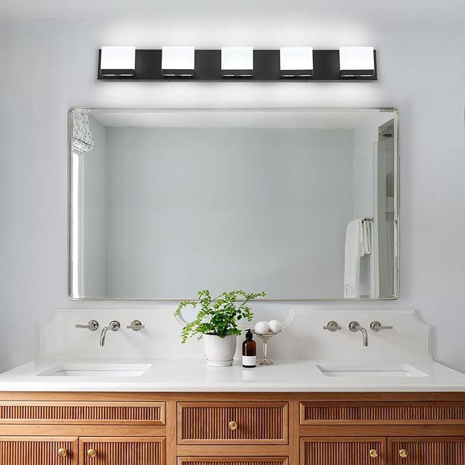 SineRise LED Modern Bathroom Vanity Light Fixtures (5-Light, 40-Inch,6000K), Matte Black Modern Acrylic Bathroom Wall Lighting Fixtures Over Mirror